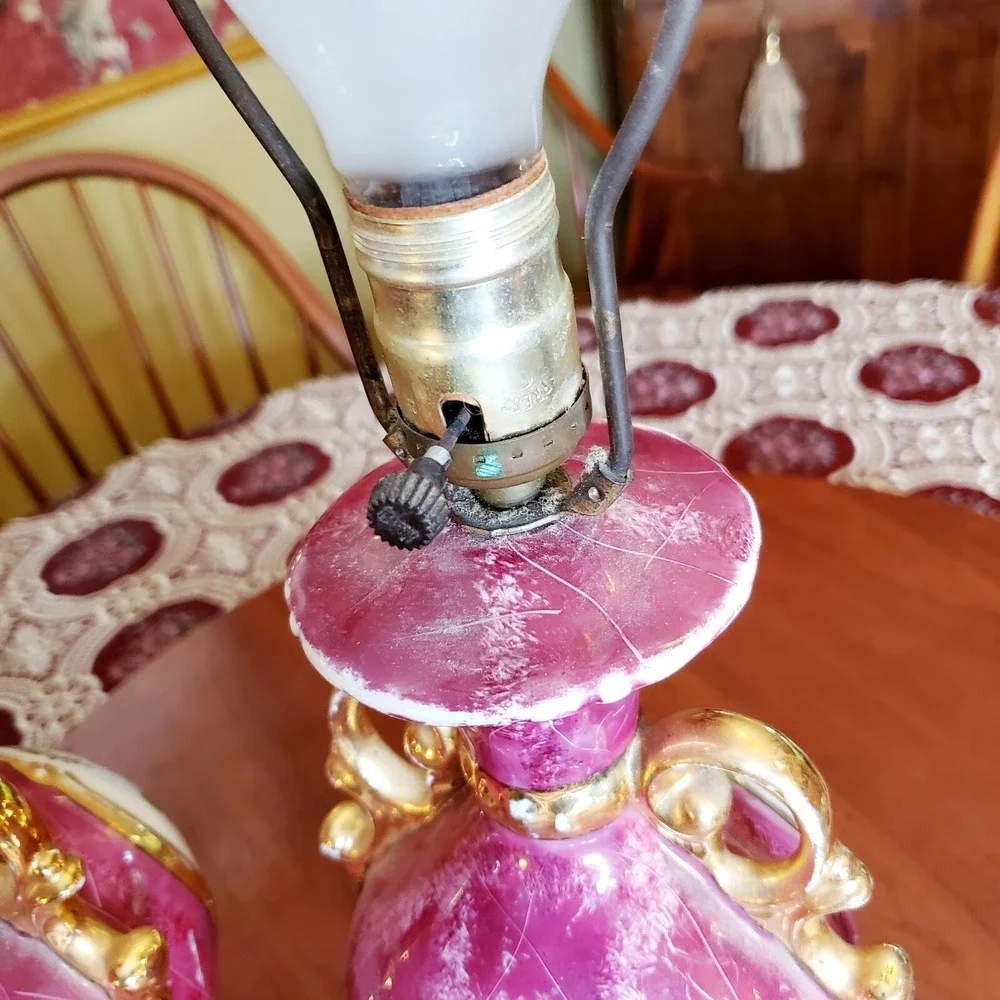 Pair of Vintage Pink Porcelain Victorian Courtship Scene Table Lamps - Gold trim